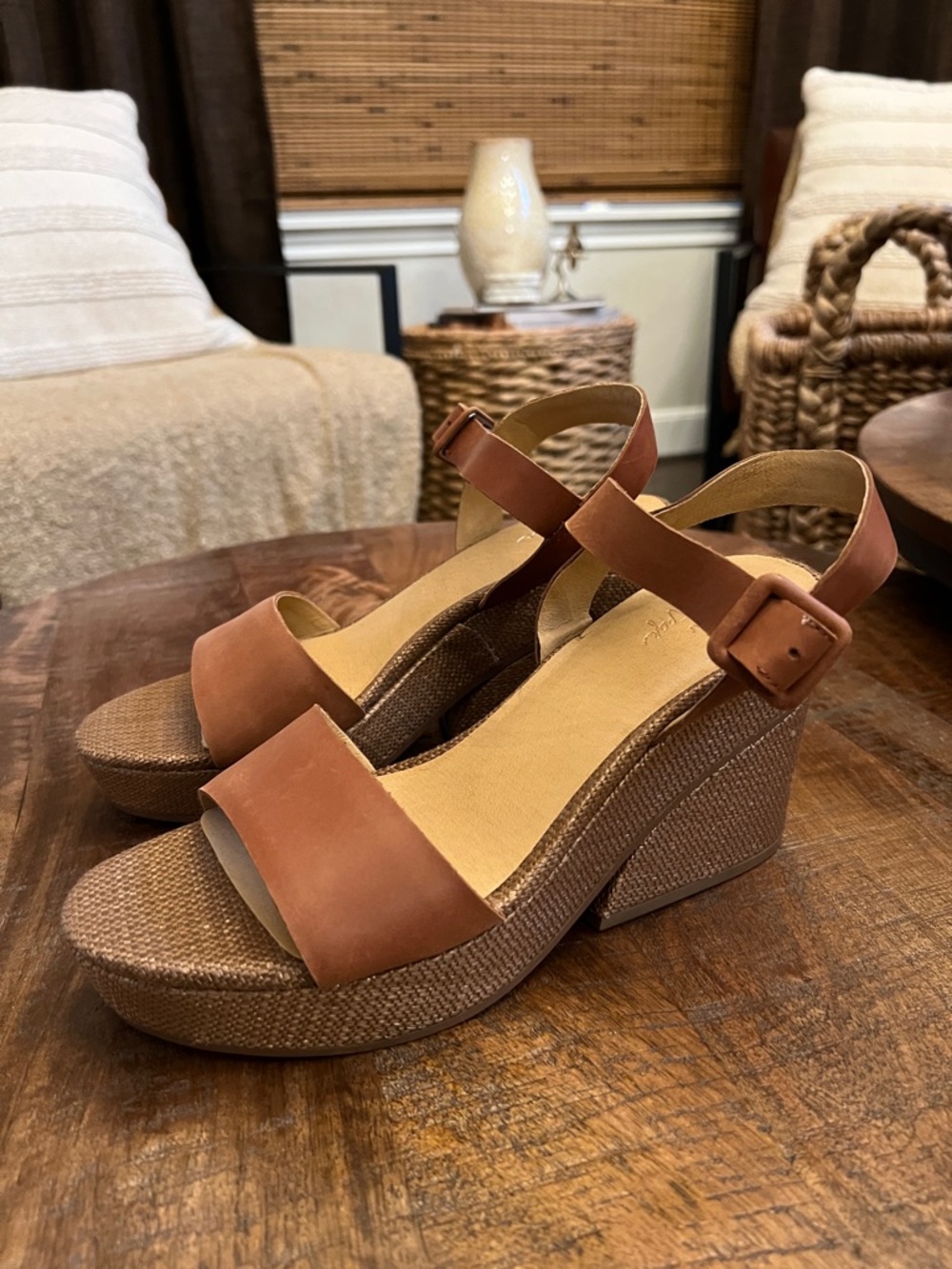 Crown Vintage Tan/Brown Platform Wedge Sandals with Buckle Strap